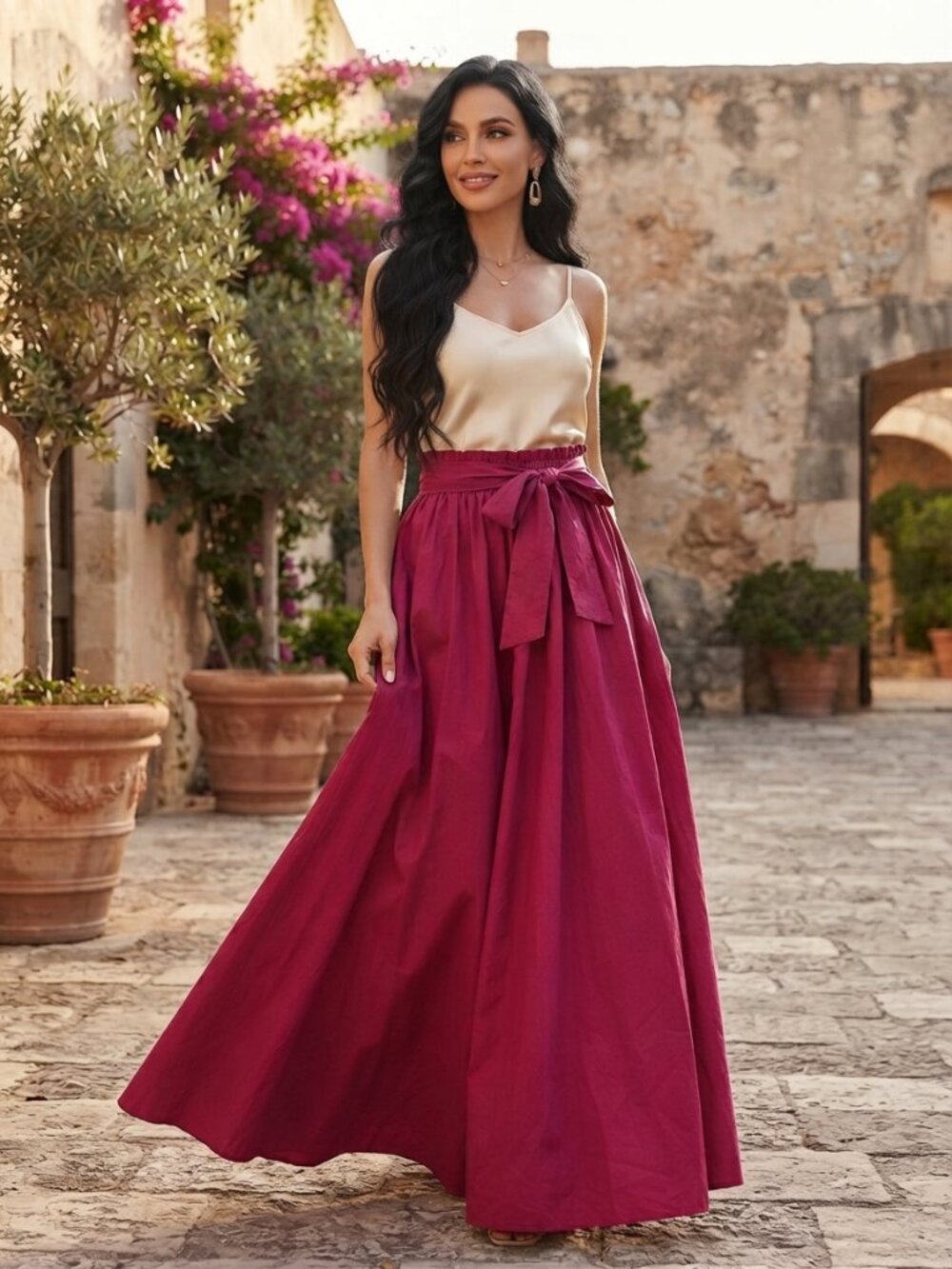 NWT Step In Style Magenta Paperbag Tie Waist Cotton Maxi Skirt Flowy Pockets OS